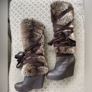 Brown tall faux fur wrapped wedge boots size 6.5